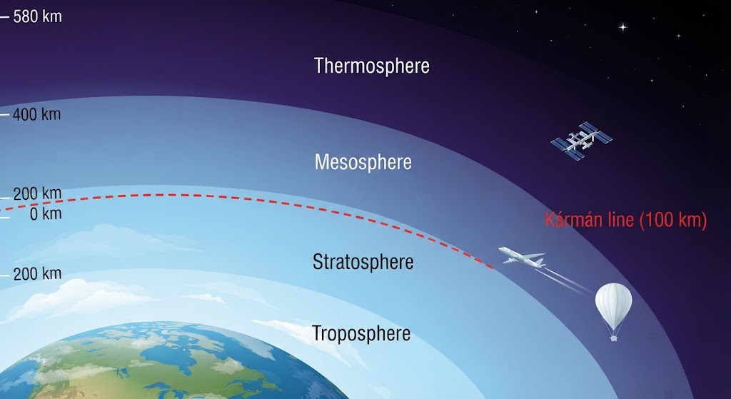 Educational infographic depicting Earth's atmospheric layers including the troposphere, stratosphere, mesosphere, and thermosphere, with the Kármán line marking the boundary of space.