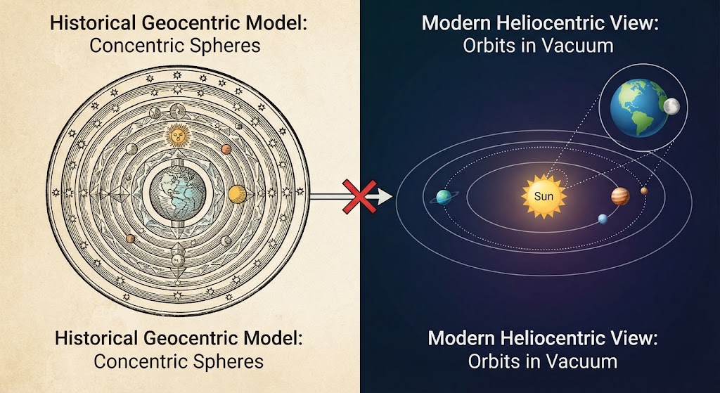 Comparison infographic contrasting the historical geocentric model of concentric crystalline spheres with the modern heliocentric model of orbits in a vacuum.