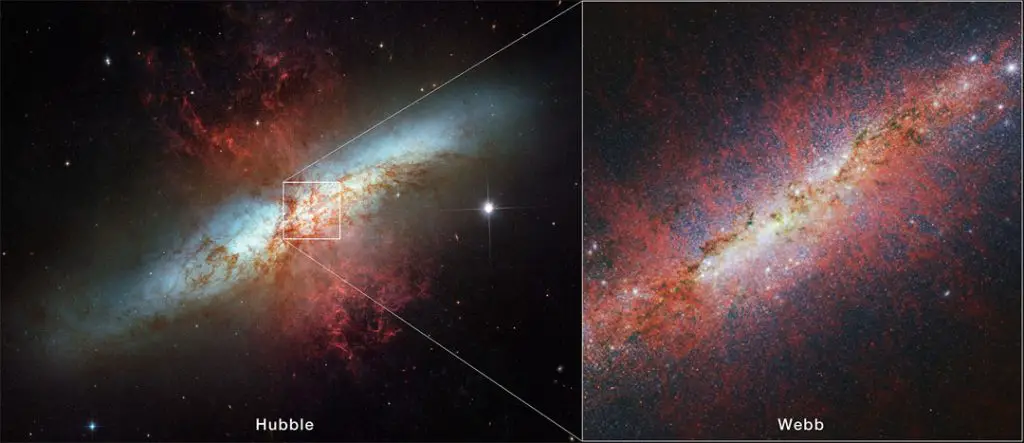 The Cigar Galaxy from Hubble and Webb