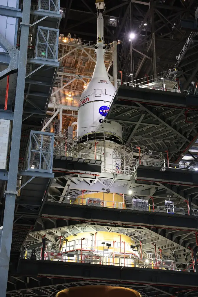 Orion installed on SLS as Artemis 2 preparations continue during shutdown