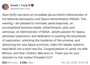 Trump Will Re-Nominate Isaacman for NASA Administrator