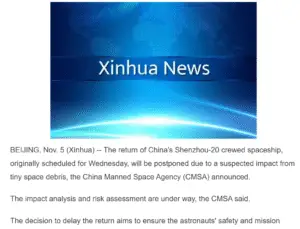 China Delays Shenzhou-20 Crew’s Return Due to Possible Debris Strike