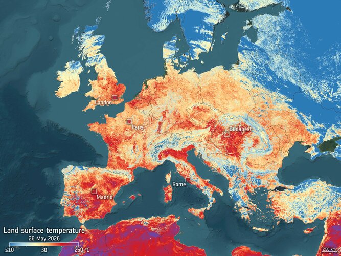 Hot surfaces during Europe’s heatwave ‘seen’ by Sentinel-3