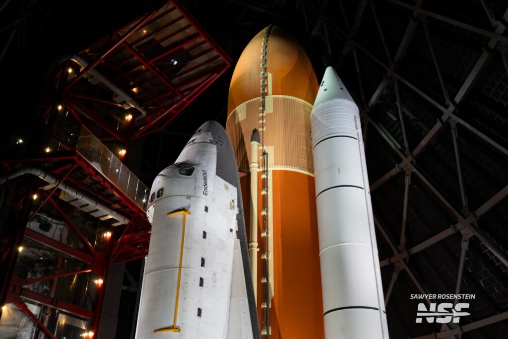 Space Shuttle Endeavour displayed vertically in new exhibit at California Science Center