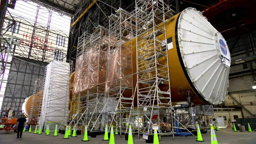 SLS Core Stage thermal protection system refurbishment in work at Kennedy for Artemis 1