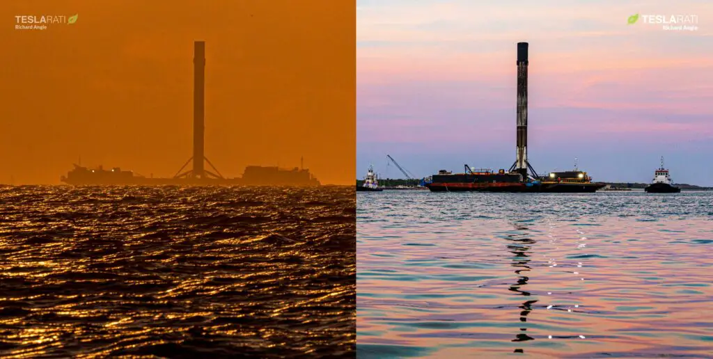 SpaceX Falcon 9 rockets and drone ship wow with sunset, sunrise port returns